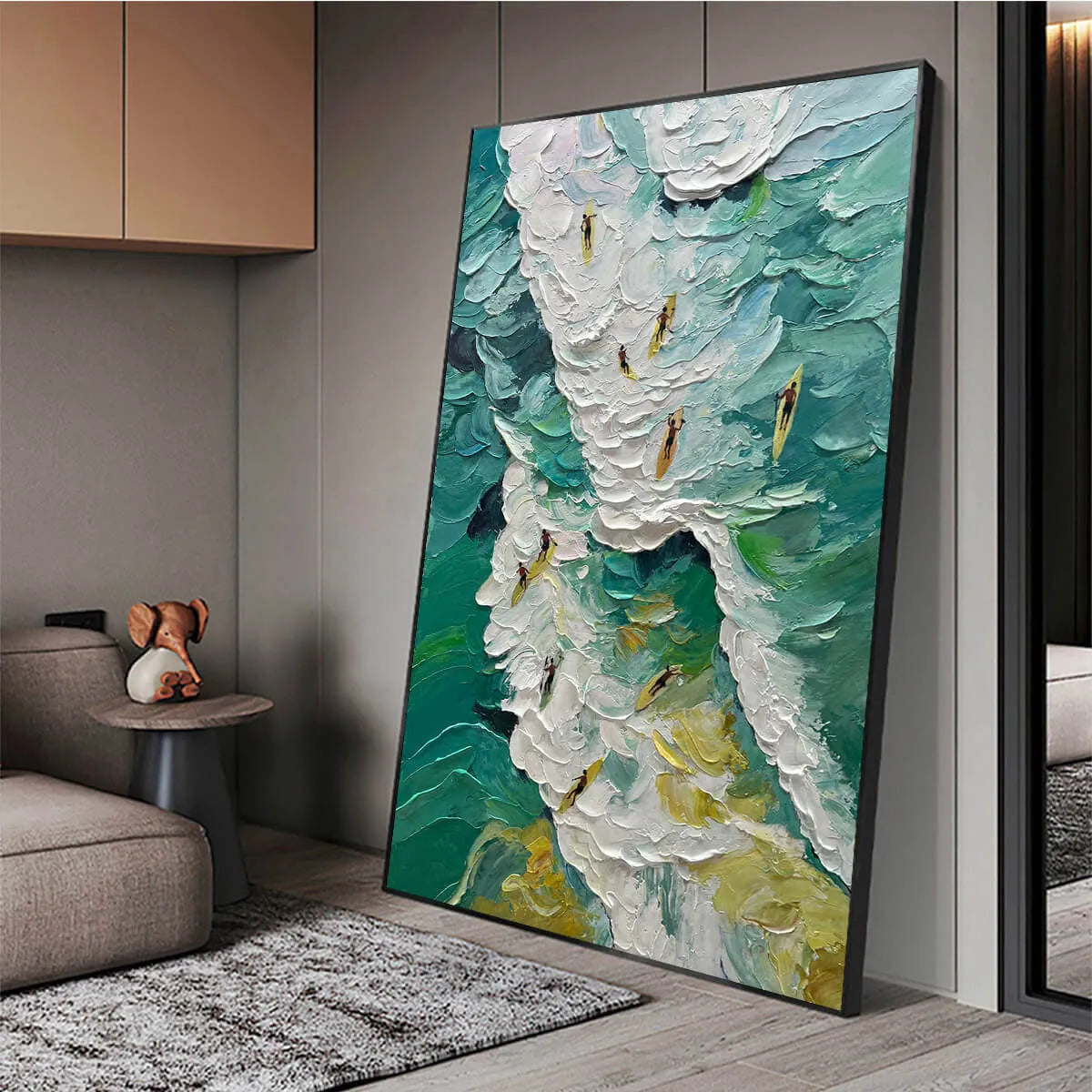 Catching The Wave hand-painted ocean blue, ivory and soft neutral tones textured surfer ocean painting shown with white frame