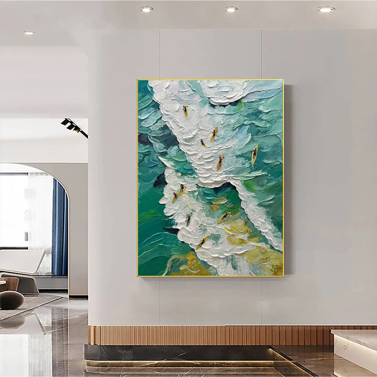 Catching The Wave hand-painted ocean blue, ivory and soft neutral tones textured surfer ocean painting shown with wood frame
