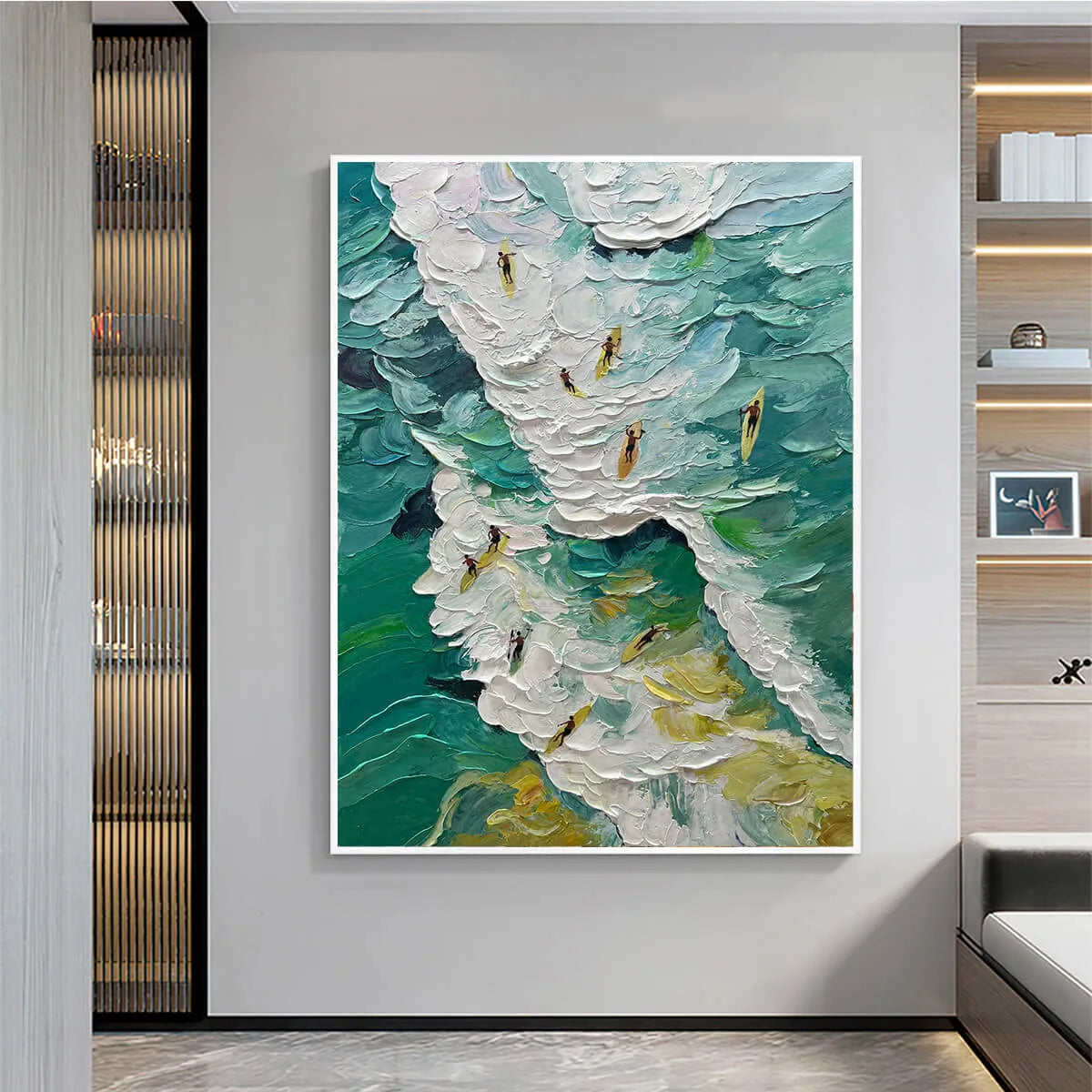 Catching The Wave hand-painted ocean blue, ivory and soft neutral tones textured surfer ocean painting shown as stretched canvas