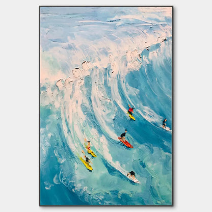 Catching The Wave hand-painted white and ocean blue textured surfer ocean painting rolled canvas option