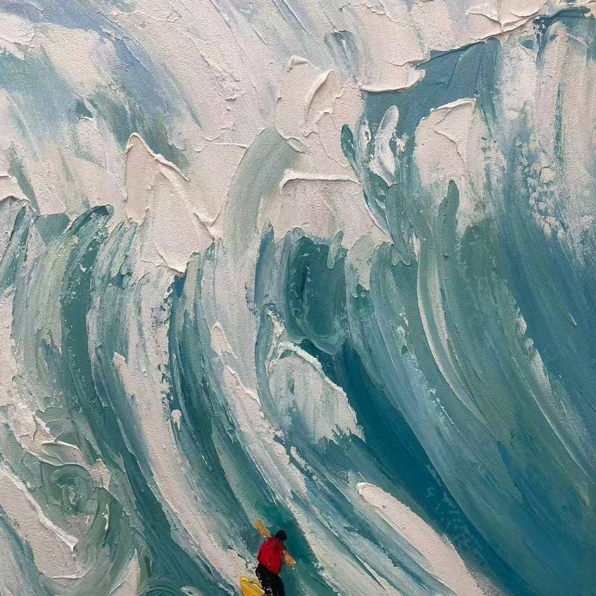 Catching The Wave hand-painted white and ocean blue textured surfer ocean painting shown with silver frame