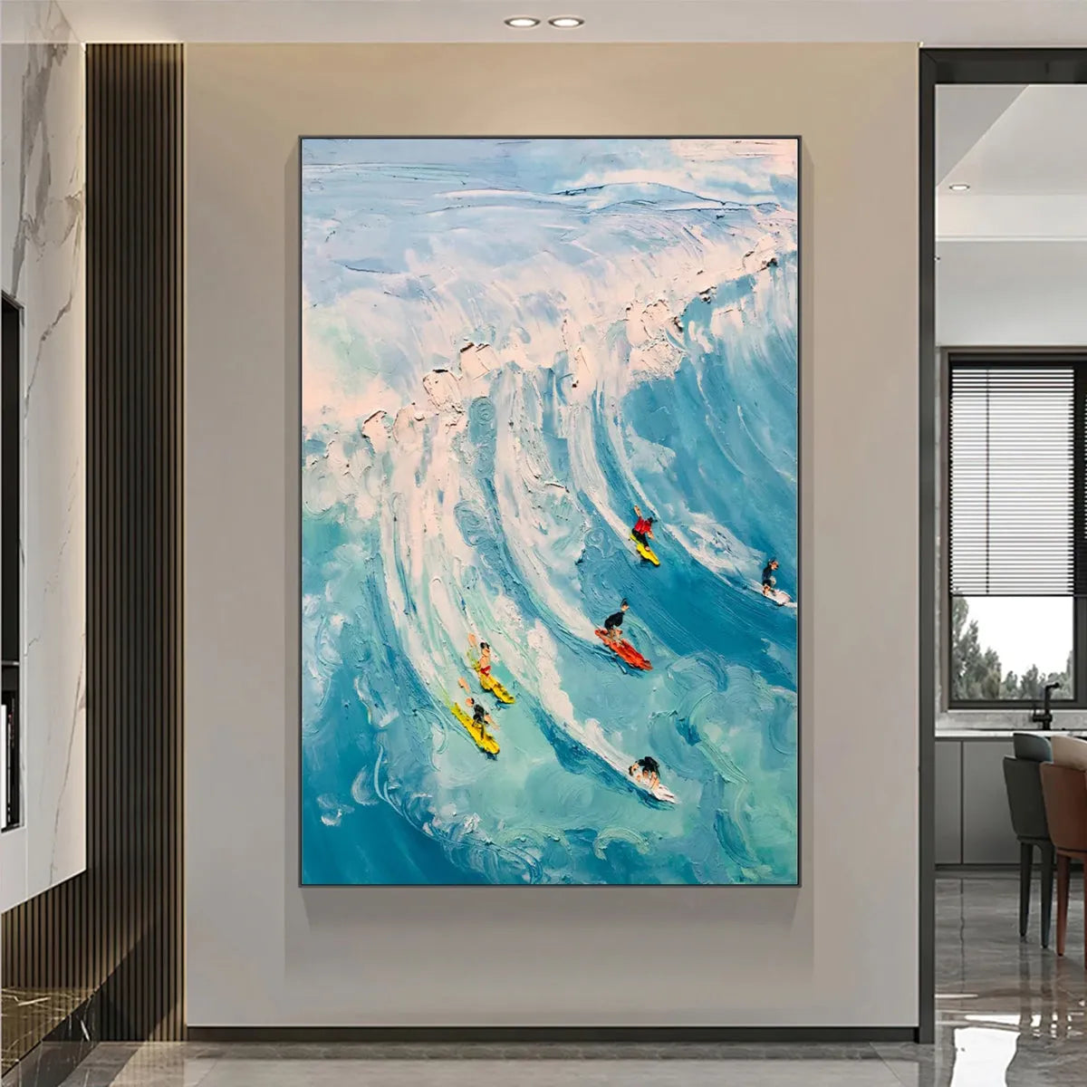 Catching The Wave hand-painted white and ocean blue textured surfer ocean painting shown with white frame