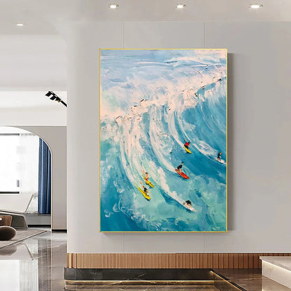 Catching The Wave hand-painted white and ocean blue textured surfer ocean painting shown with black frame