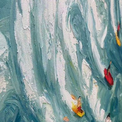 Catching The Wave hand-painted white and ocean blue textured surfer ocean painting shown with wood frame