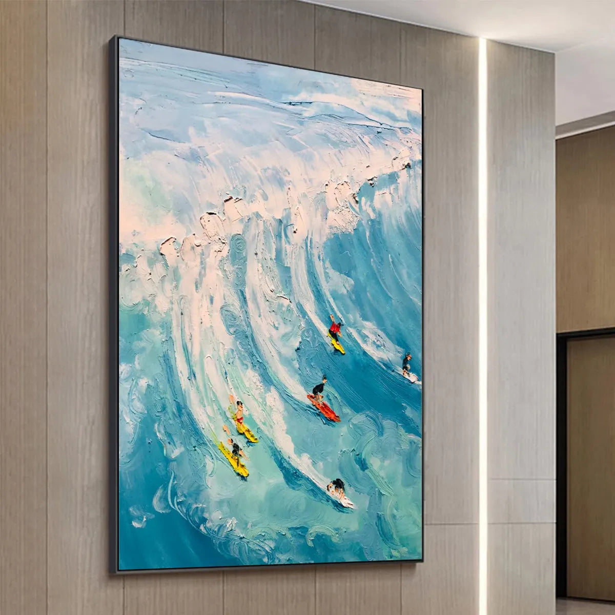Catching The Wave hand-painted white and ocean blue textured surfer ocean painting rolled canvas option