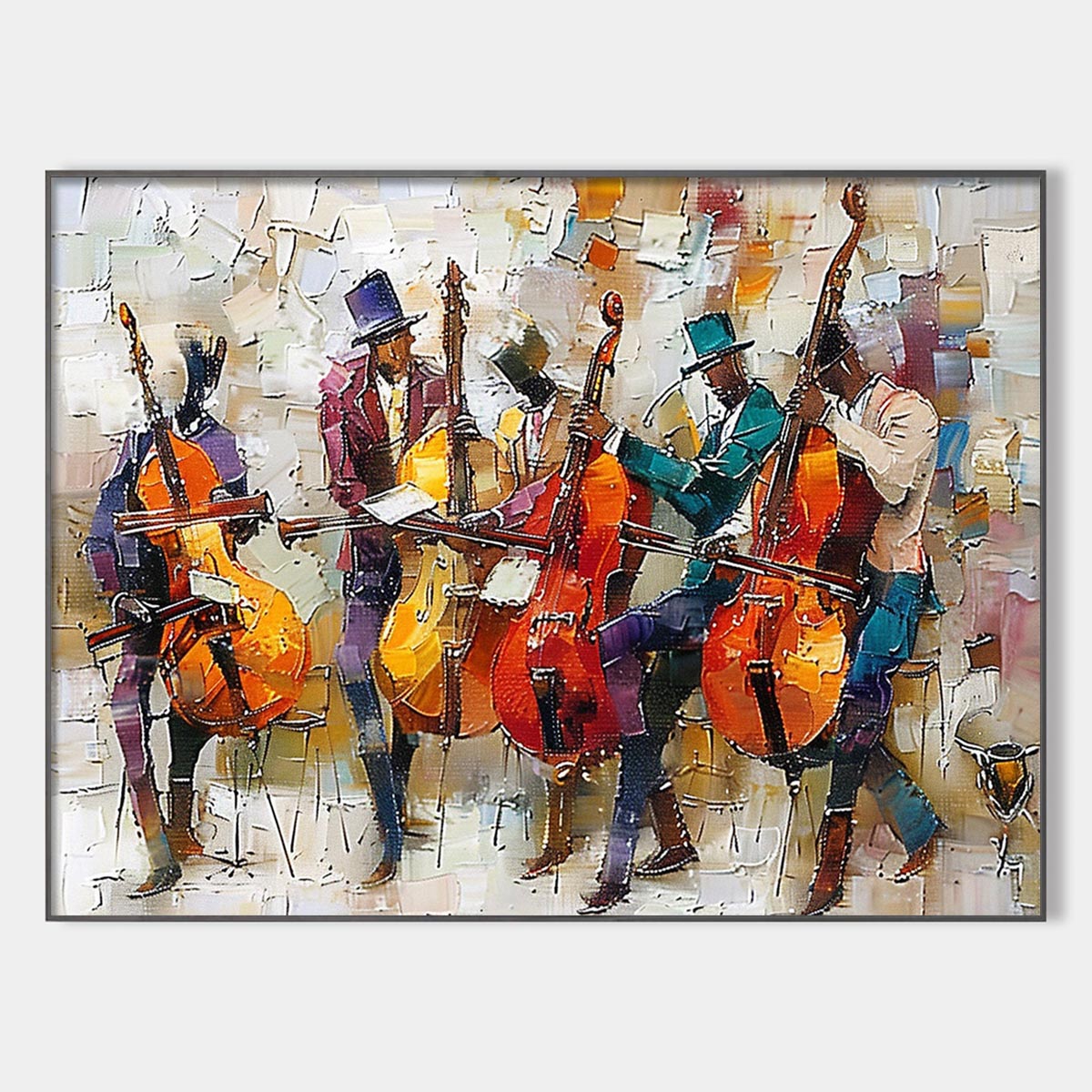 Cellos In Harmony – Figurative Textured Oil Painting, view 1