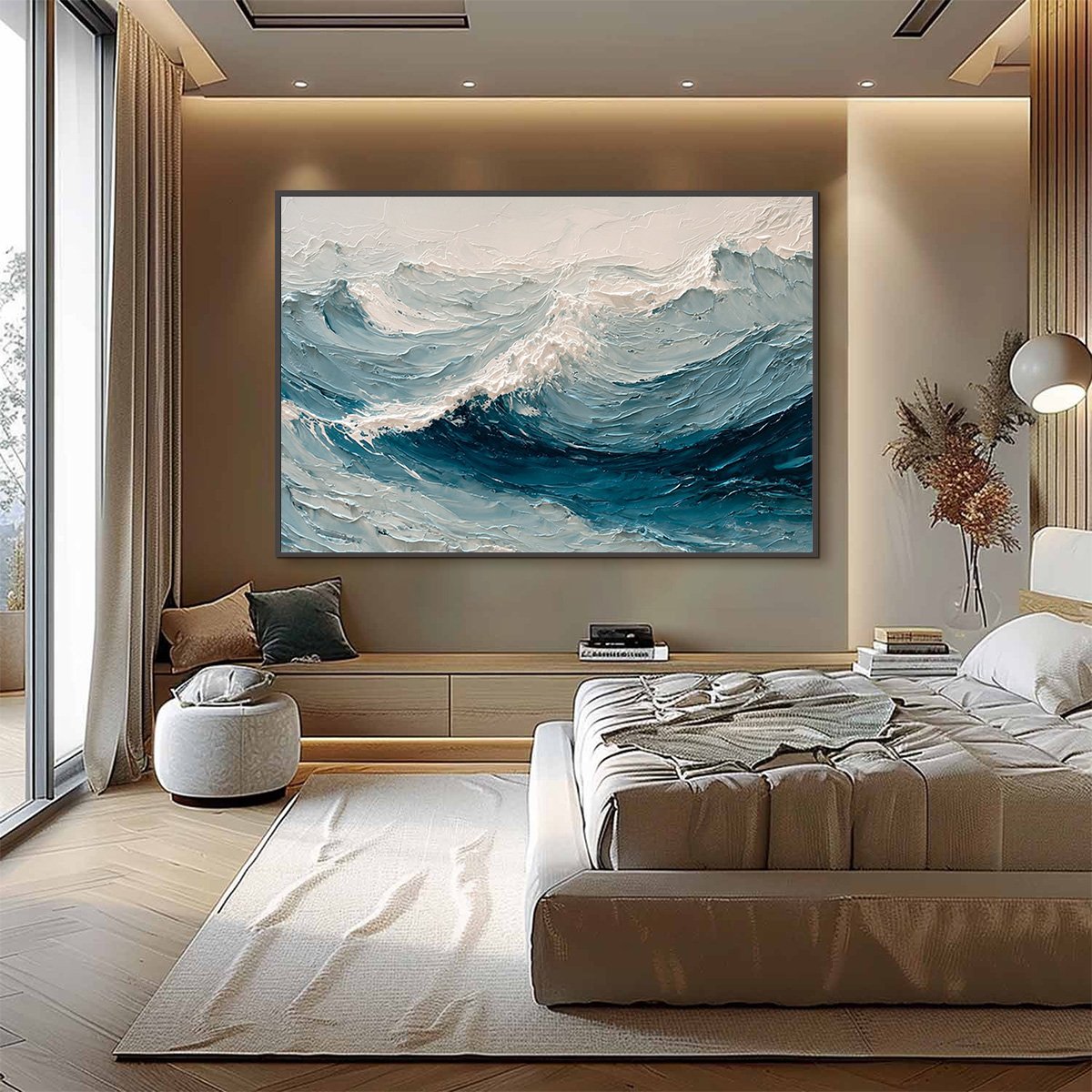 Celtic Surge hand-painted white and soft beige textured ocean wave painting shown with silver frame