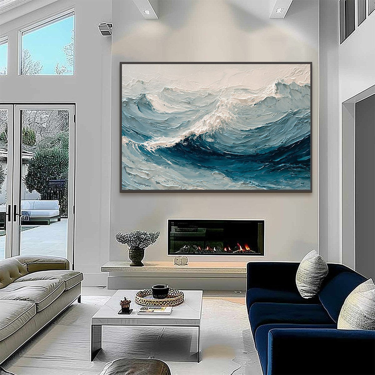 Celtic Surge hand-painted white and soft beige textured ocean wave painting shown with black frame