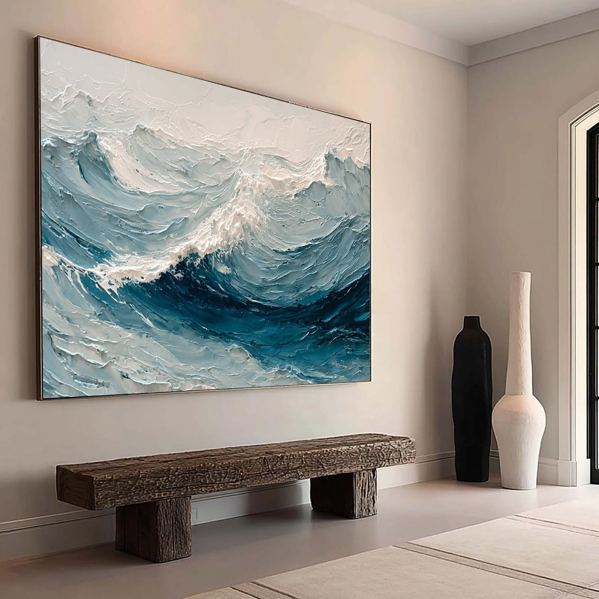 Celtic Surge hand-painted white and soft beige textured ocean wave painting shown with wood frame