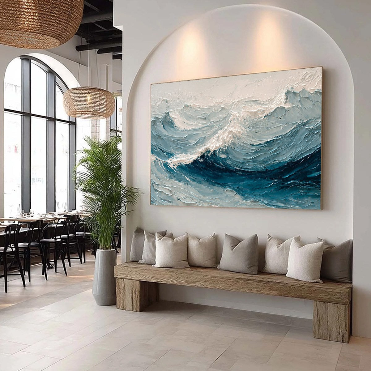 Celtic Surge hand-painted white and soft beige textured ocean wave painting rolled canvas option