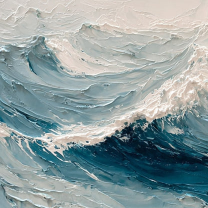 Celtic Surge hand-painted white and soft beige textured ocean wave painting shown with gold frame