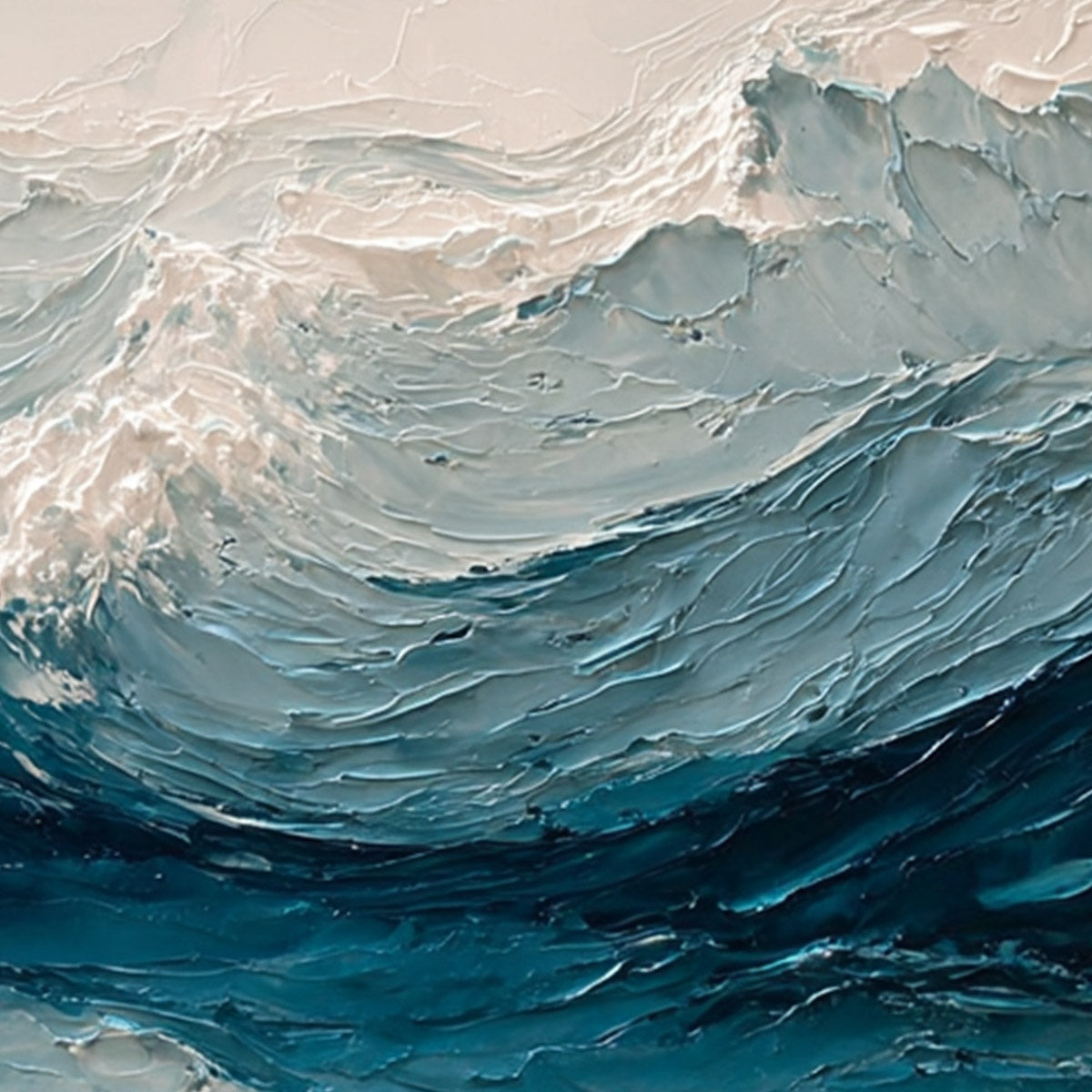 Celtic Surge hand-painted white and soft beige textured ocean wave painting shown with white frame