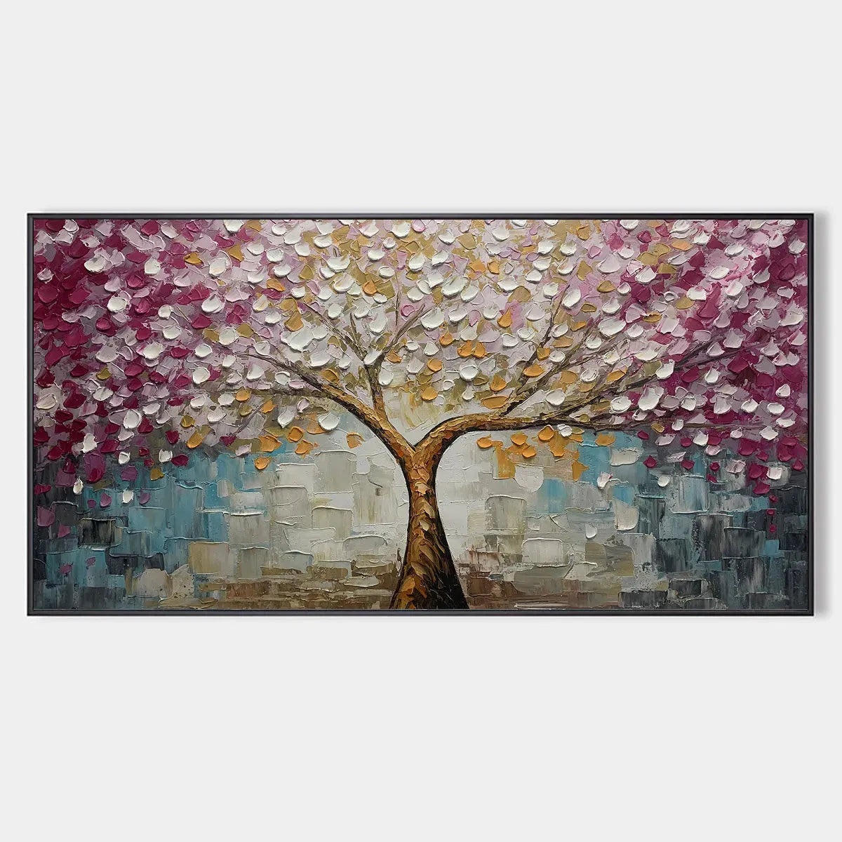 Cherry Blossom Dream hand-painted gold and pink textured blossom tree painting rolled canvas option