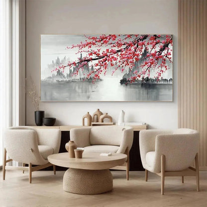 Horizontal Pink Cherry Blossom Painting – Cherry Blossom Serenity