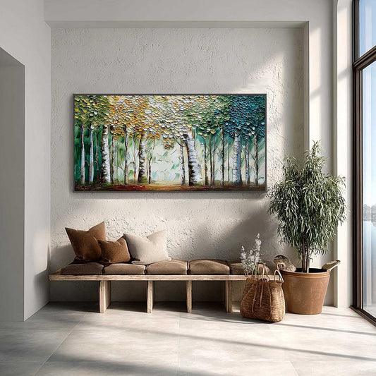 Chroma Grove hand-painted crimson, golden yellow, turquoise and violet textured forest landscape painting shown as stretched canvas