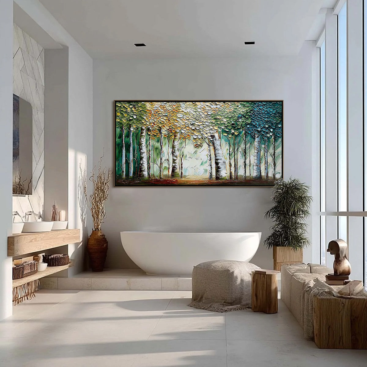 Chroma Grove hand-painted crimson, golden yellow, turquoise and violet textured forest landscape painting shown with silver frame