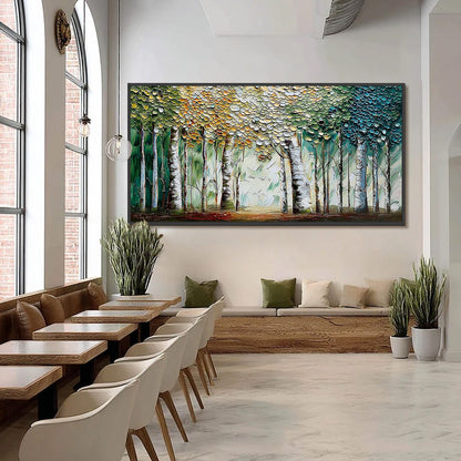 Chroma Grove hand-painted crimson, golden yellow, turquoise and violet textured forest landscape painting shown with black frame