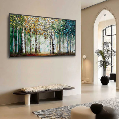 Chroma Grove hand-painted crimson, golden yellow, turquoise and violet textured forest landscape painting shown with wood frame