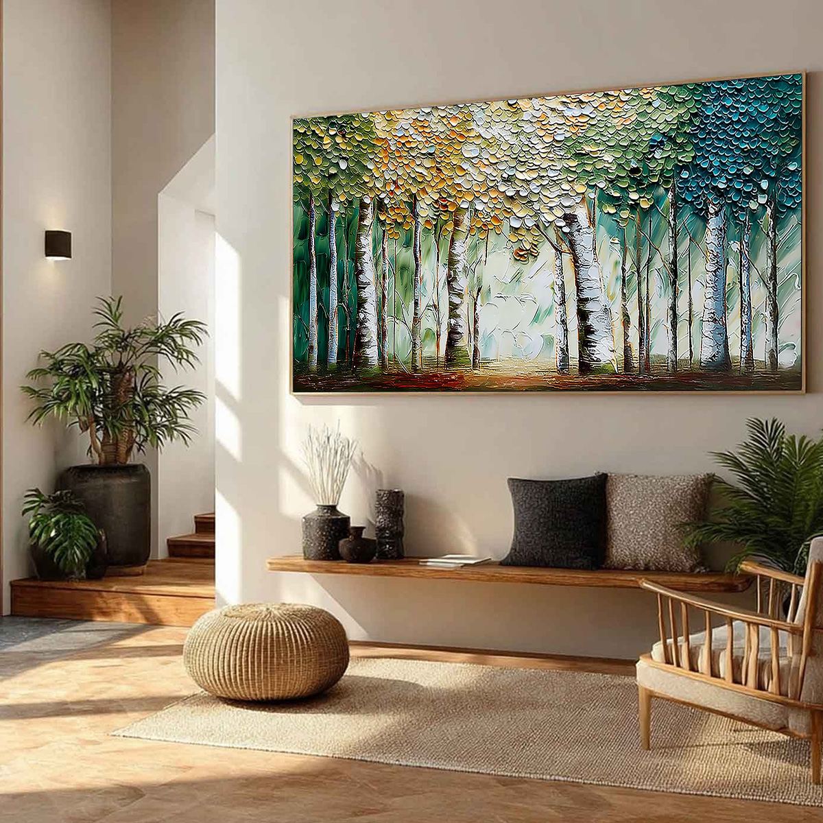Chroma Grove hand-painted crimson, golden yellow, turquoise and violet textured forest landscape painting rolled canvas option