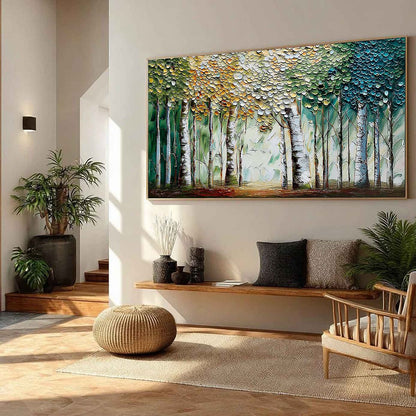 Chroma Grove hand-painted crimson, golden yellow, turquoise and violet textured forest landscape painting rolled canvas option