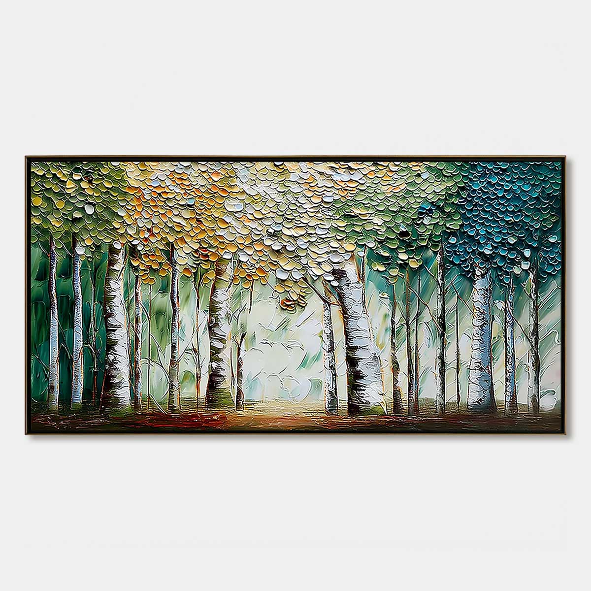 Chroma Grove hand-painted crimson, golden yellow, turquoise and violet textured forest landscape painting rolled canvas option