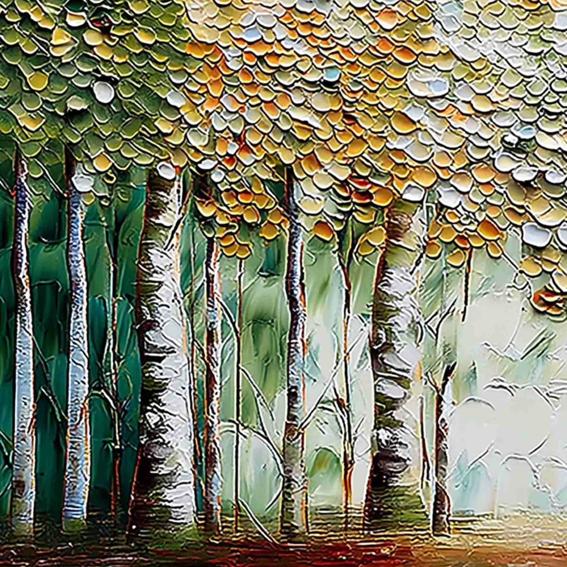 Chroma Grove hand-painted crimson, golden yellow, turquoise and violet textured forest landscape painting shown with gold frame