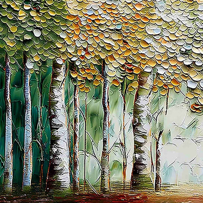 Chroma Grove hand-painted crimson, golden yellow, turquoise and violet textured forest landscape painting shown with gold frame
