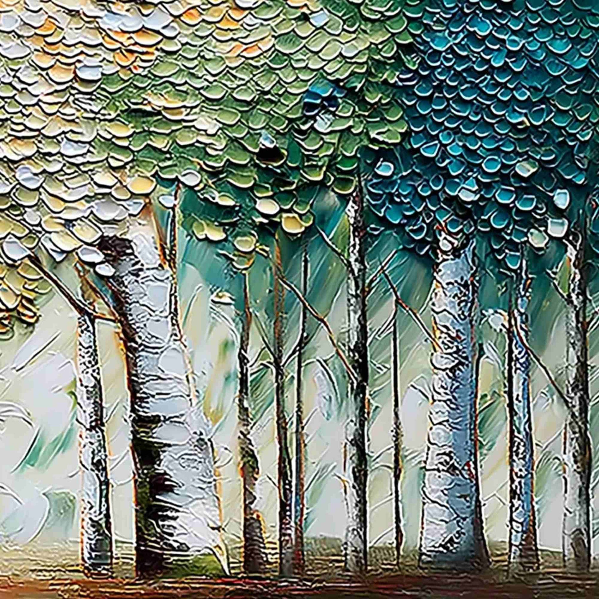 Chroma Grove hand-painted crimson, golden yellow, turquoise and violet textured forest landscape painting shown with white frame