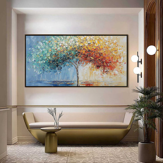 Chromatic Embrace hand-painted crimson, golden yellow, turquoise and violet textured tree painting shown as stretched canvas