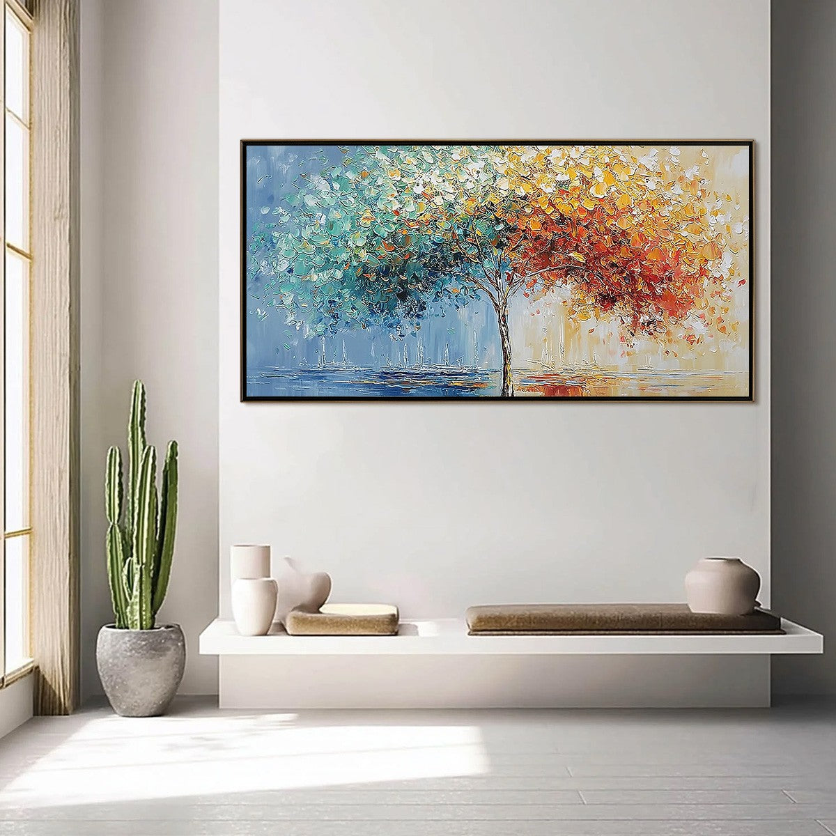 Chromatic Embrace hand-painted crimson, golden yellow, turquoise and violet textured tree painting shown with silver frame