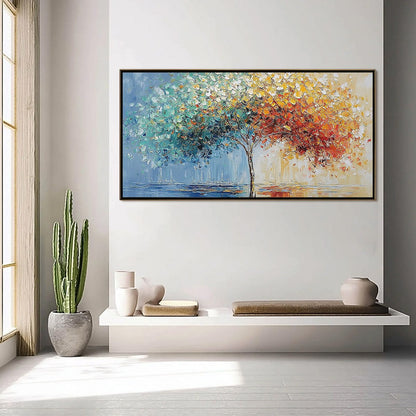 Chromatic Embrace hand-painted crimson, golden yellow, turquoise and violet textured tree painting shown with silver frame