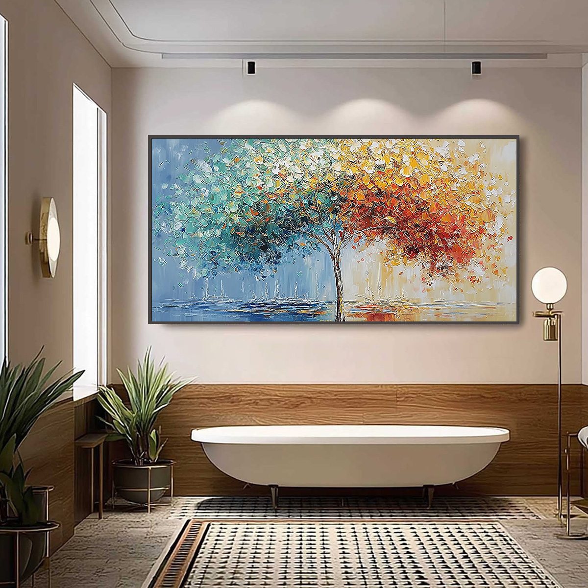 Chromatic Embrace hand-painted crimson, golden yellow, turquoise and violet textured tree painting shown with black frame