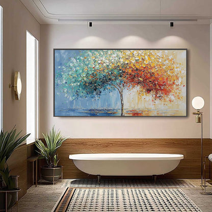 Chromatic Embrace hand-painted crimson, golden yellow, turquoise and violet textured tree painting shown with black frame
