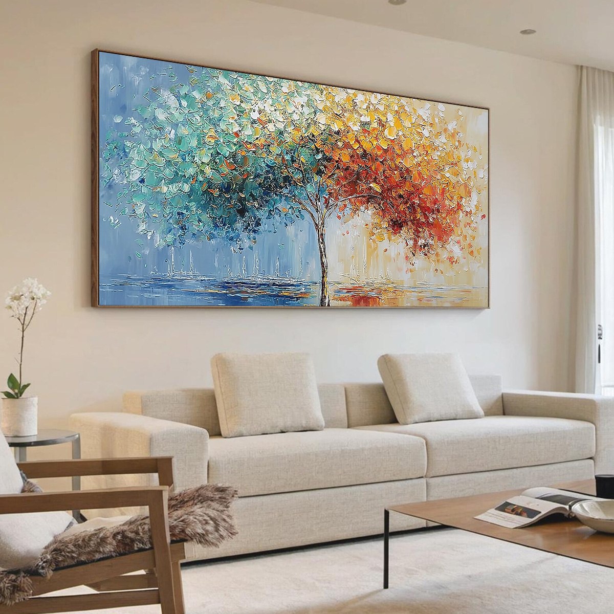 Chromatic Embrace hand-painted crimson, golden yellow, turquoise and violet textured tree painting shown with wood frame