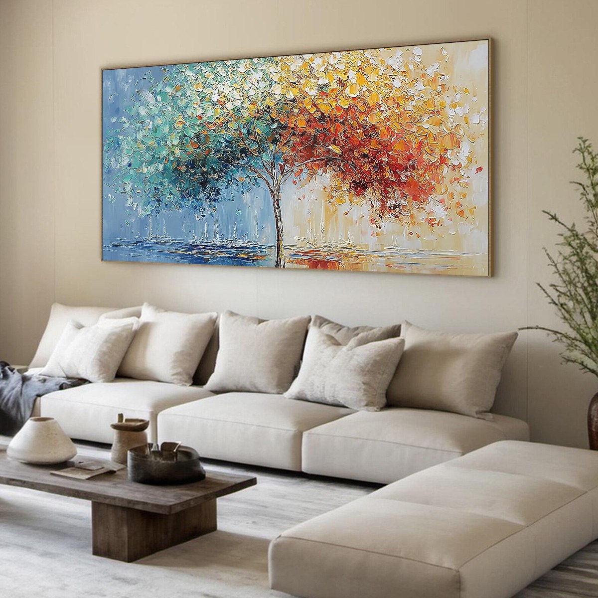 Chromatic Embrace hand-painted crimson, golden yellow, turquoise and violet textured tree painting rolled canvas option