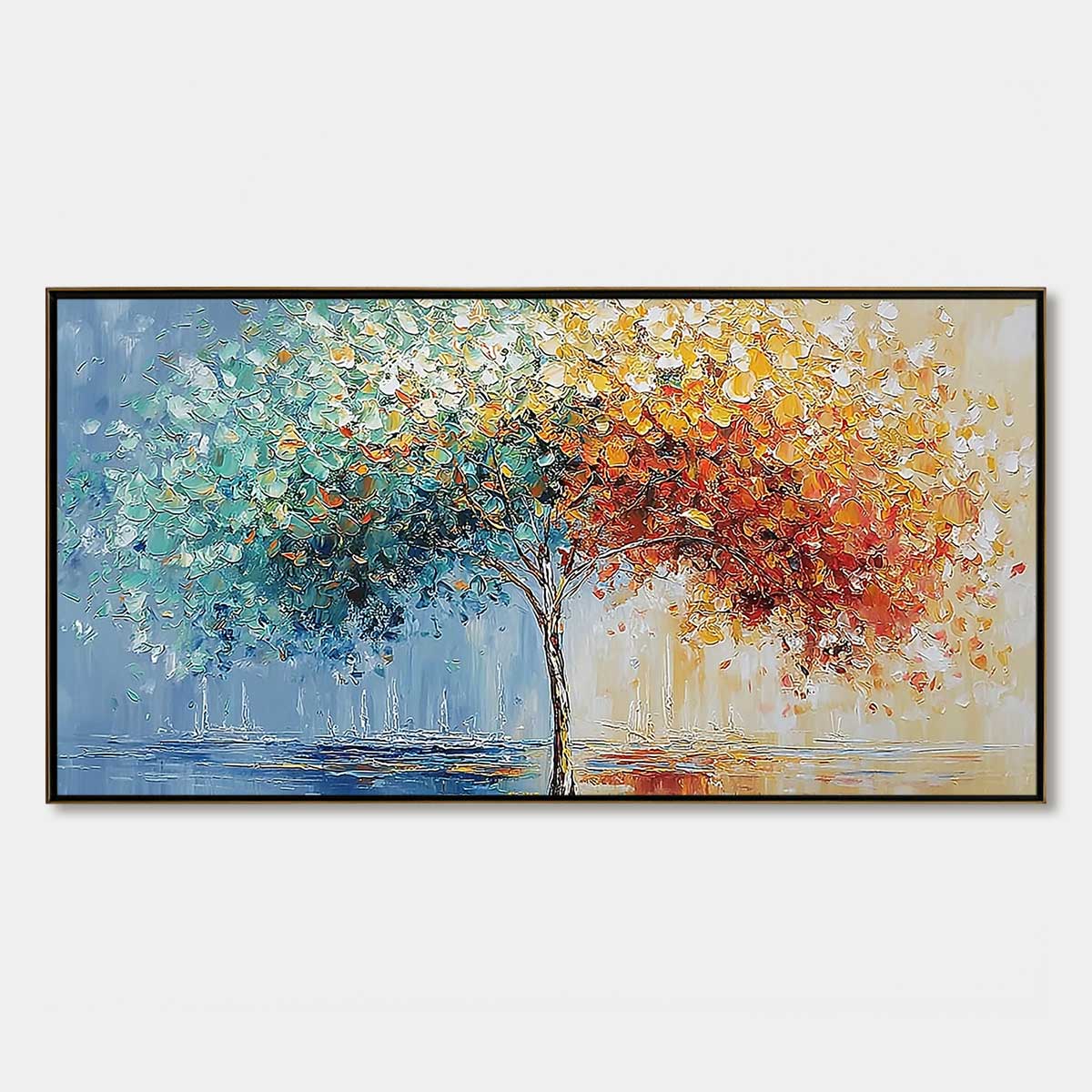 Chromatic Embrace hand-painted crimson, golden yellow, turquoise and violet textured tree painting rolled canvas option