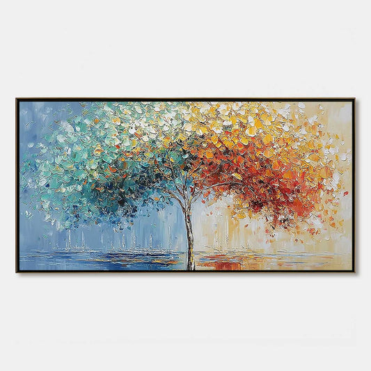 Chromatic Embrace hand-painted crimson, golden yellow, turquoise and violet textured tree painting rolled canvas option