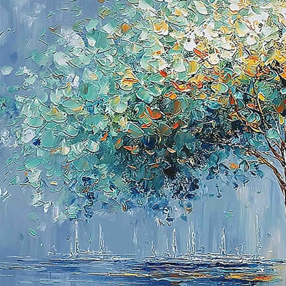 Chromatic Embrace hand-painted crimson, golden yellow, turquoise and violet textured tree painting shown with gold frame