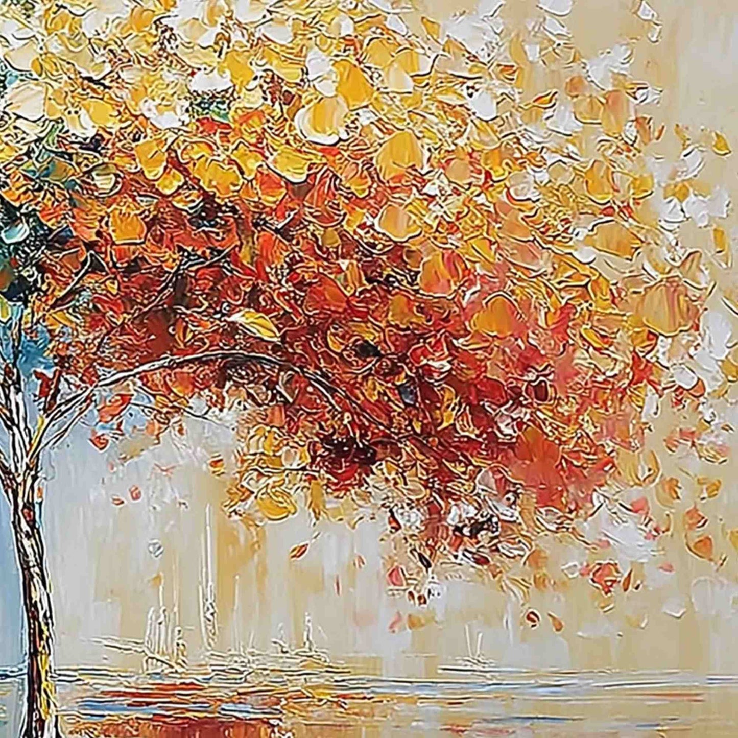 Chromatic Embrace hand-painted crimson, golden yellow, turquoise and violet textured tree painting shown with white frame