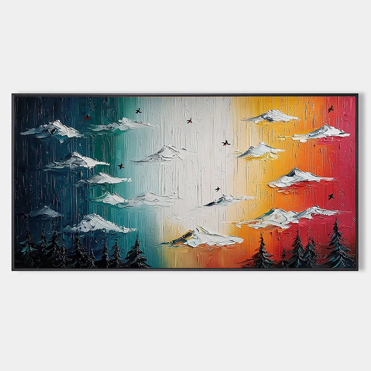 Chromatic Ascension hand-painted crimson, golden yellow, turquoise and violet textured mountain landscape painting rolled canvas option