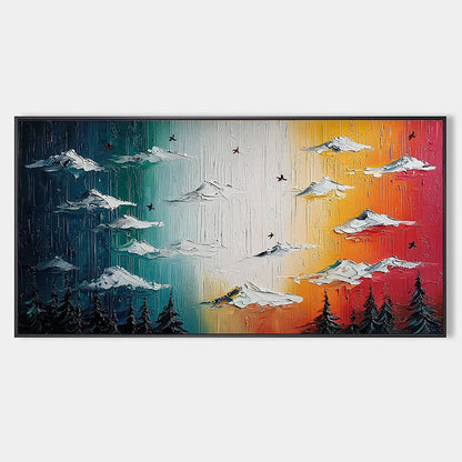 Chromatic Ascension hand-painted crimson, golden yellow, turquoise and violet textured mountain landscape painting rolled canvas option