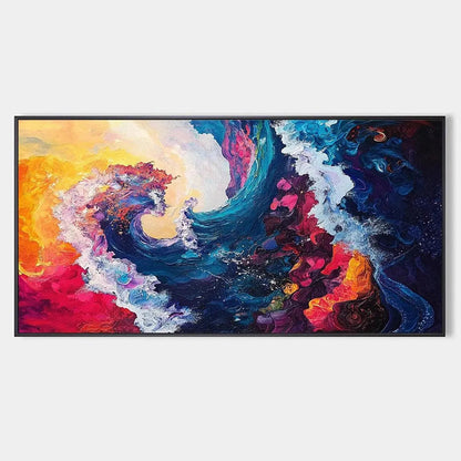 Chromatic Crest hand-painted ocean blue, ivory and soft neutral tones textured ocean wave painting rolled canvas option