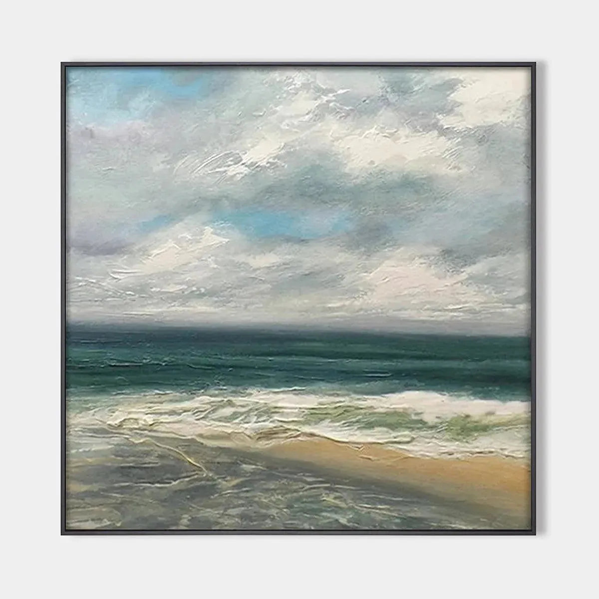 Cloudy Coastal Scene hand-painted ocean blue, ivory and soft neutral tones textured coastal landscape painting rolled canvas option