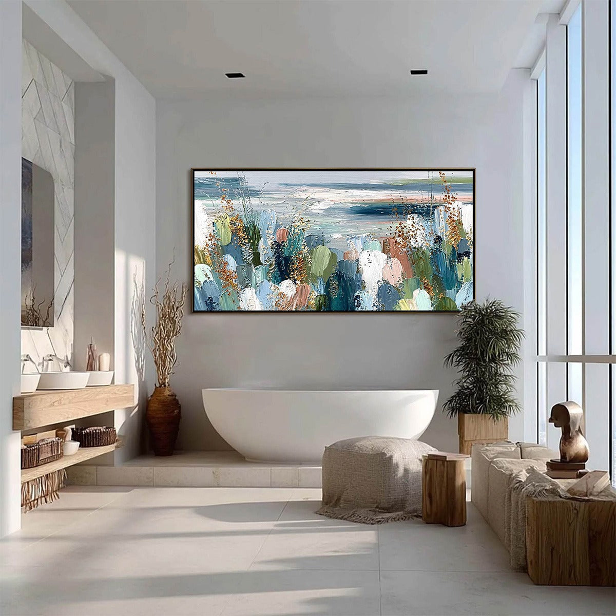 Gold Abstract Floral Impasto Oil Painting – Coastal Bloom
