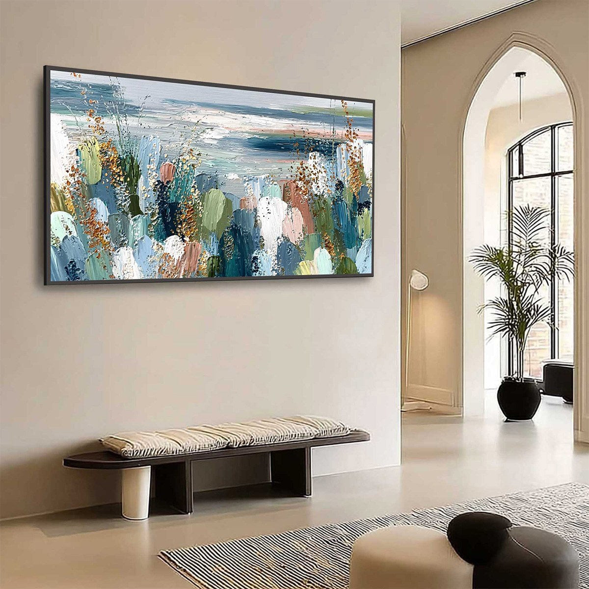 Gold Abstract Floral Impasto Oil Painting – Coastal Bloom