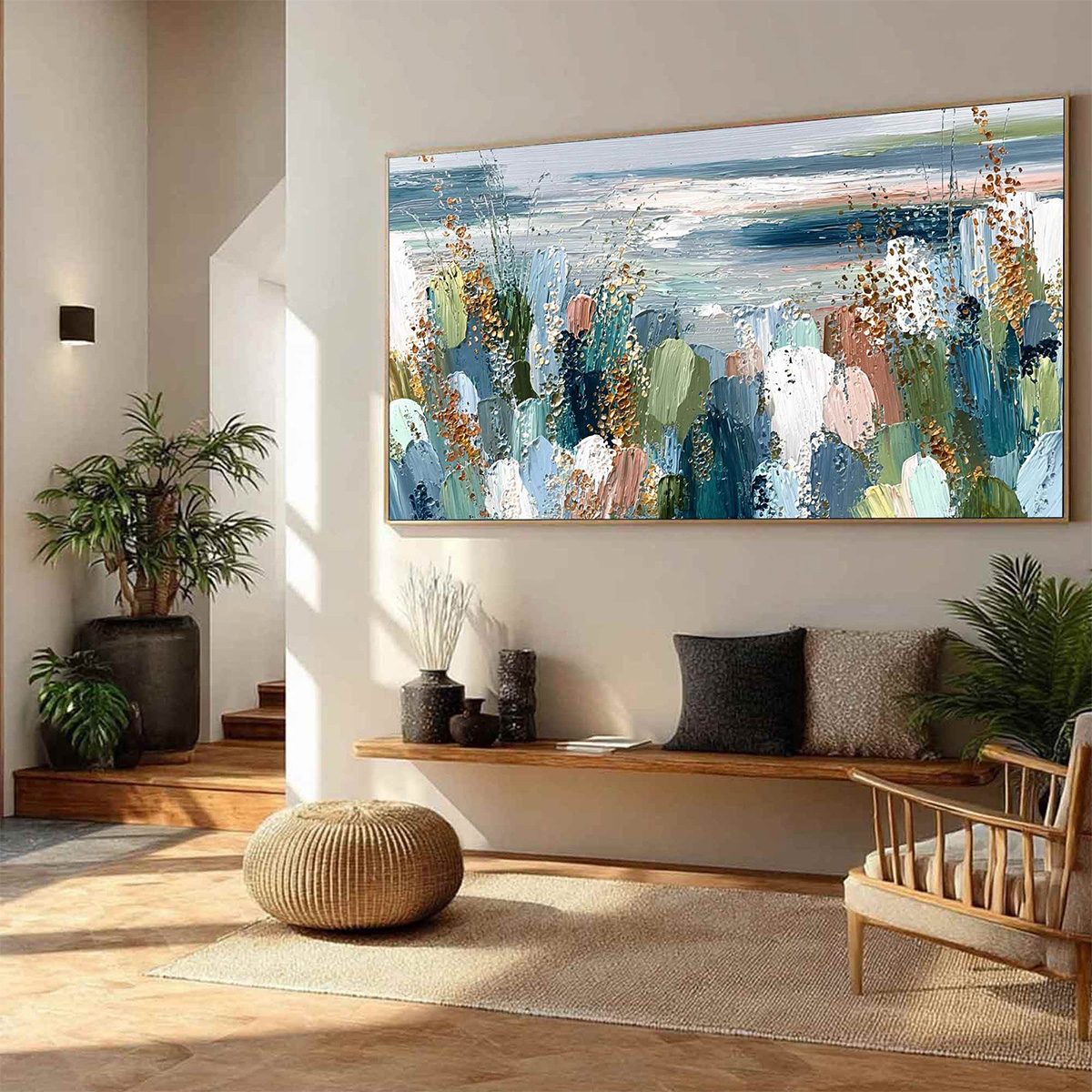 Gold Abstract Floral Impasto Oil Painting – Coastal Bloom