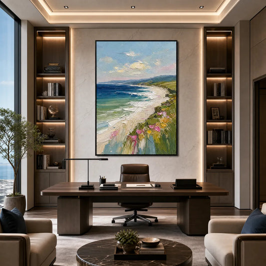 Coastal Bloom hand-painted ocean blue, ivory and soft neutral tones textured seascape painting shown as stretched canvas