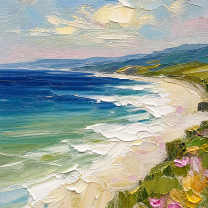 Coastal Bloom hand-painted ocean blue, ivory and soft neutral tones textured seascape painting shown with gold frame