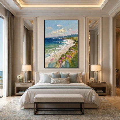 Coastal Bloom hand-painted ocean blue, ivory and soft neutral tones textured seascape painting shown with silver frame