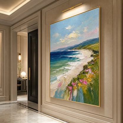 Coastal Bloom hand-painted ocean blue, ivory and soft neutral tones textured seascape painting shown with white frame